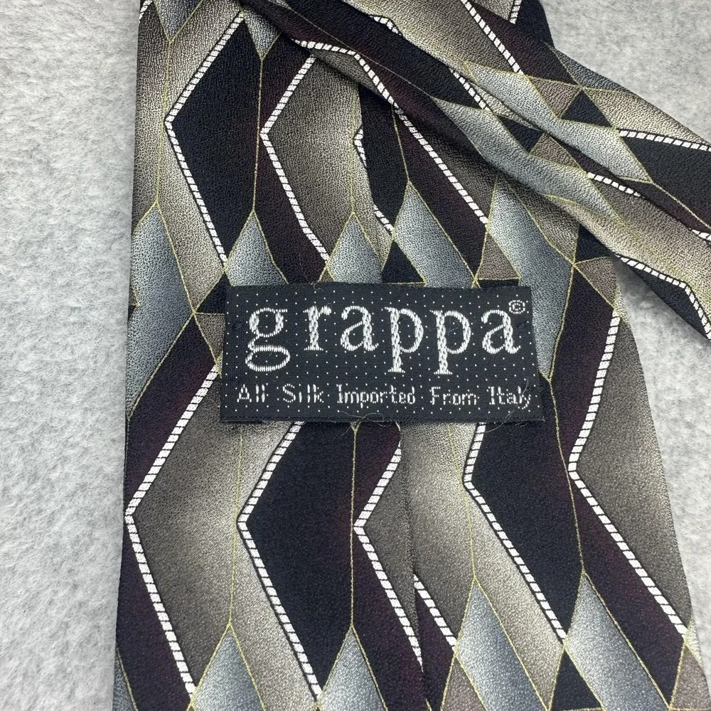 Grappa‎ Tie Mens One Size Black Gray Italian Silk Handmade USA Geometric Chevron
